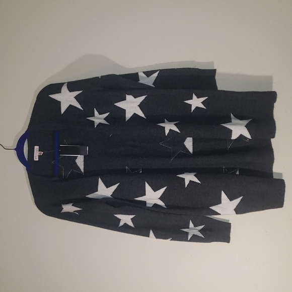 NWT! Philosophy 100% CASHMERE Long Gray Open Front White Stars Cardigan